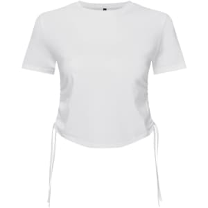 A white ruched crop top with short sleeves and adjustable side ties. It features a logo on the label.