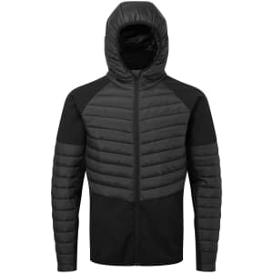 A black and dark grey insulated hybrid jacket with a hood, featuring a mix of padded and smooth fabric.
