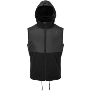 A black insulated hybrid gilet with a hood and a zip front, featuring a two-tone design. It includes a logo.