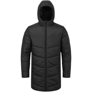 A black Microlight Longline Jacket with a zip front and hood, featuring a logo on the chest.