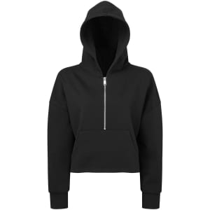 A black 1/2 zip hoodie with a hood and front pocket, featuring a logo.