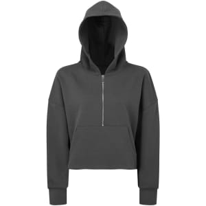 A 1/2 zip hoodie in dark grey, featuring a hood and a kangaroo pocket, with a logo on the front.