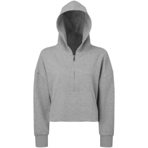 A grey 1/2 zip hoodie with a hood and long sleeves, featuring a branding logo.