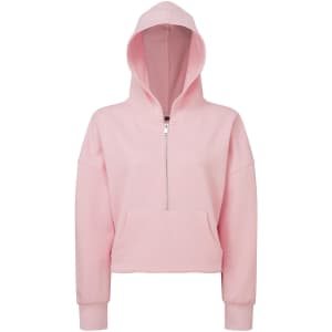 A pink 1/2 zip hoodie featuring a hood and a front pocket, with a small logo on the hem.