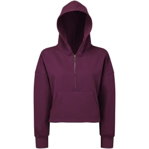 A 1/2 zip hoodie in a deep purple colour, featuring a hood and a front pocket. It has a simple design and a logo.