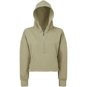 A khaki 1/2 zip hoodie with a hood and front pocket, featuring a subtle logo.