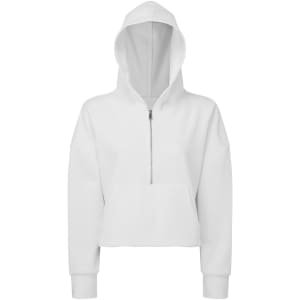 A white 1/2 zip hoodie featuring a hood and a front pocket, with a simple design and a small logo.