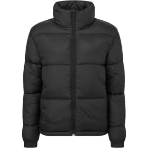 A padded jacket in black with a high collar and zip closure, featuring a puffy design and long sleeves.