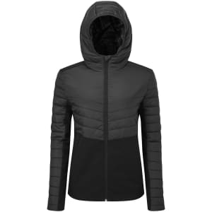 An insulated hybrid jacket featuring a black colour scheme with a hood and quilted design. It includes a branding logo.
