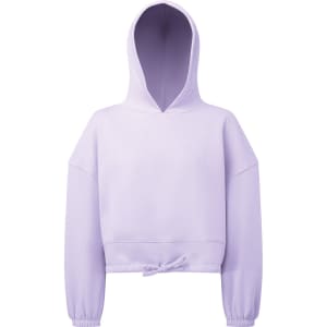A cropped oversize hoodie in light purple with a drawstring at the hem and a hood, featuring long sleeves.