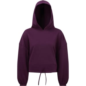 A cropped oversize hoodie in a rich purple colour, featuring a hood and drawstring at the waist. It has long sleeves and a relaxed fit.