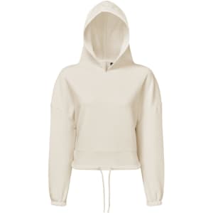 A cropped oversize hoodie in a light cream colour with a drawstring and a hood. It has long sleeves and a relaxed fit.