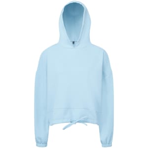 A light blue cropped oversize hoodie with a hood and drawstring at the hem. Features loose-fitting sleeves.