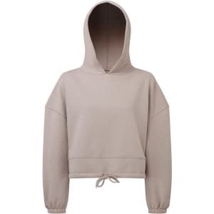A cropped oversize hoodie in a soft beige colour with a hood and fitted cuffs. It has an included drawstring at the hem.
