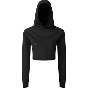 A cropped black jacket with a hood and a front pocket, featuring a logo on the side.