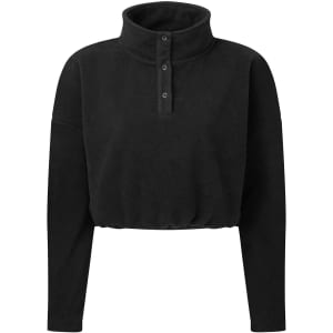 A cropped fleece top in black with a high collar and buttoned placket, featuring long sleeves.
