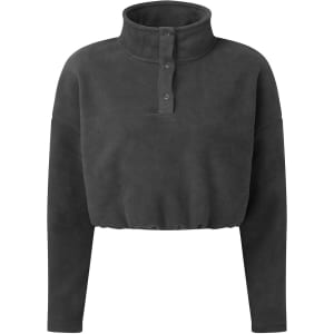 A cropped fleece top in dark grey with a high collar and button detailing. It features long sleeves and a gathered hem.