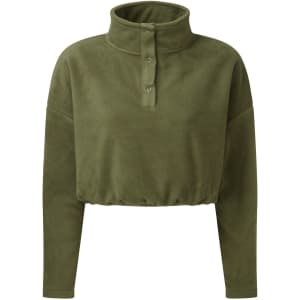 A cropped fleece jumper in olive green, featuring a high collar and buttoned placket. It has long sleeves and a relaxed fit.