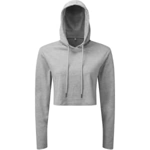 A cropped grey hooded long sleeve t-shirt with drawstrings and a logo on the front.