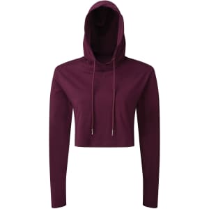 A cropped long sleeve hooded t-shirt in a rich burgundy colour, featuring a drawstring hood and fitted sleeves.