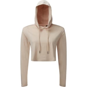 A cropped hooded long sleeve T-shirt in a light beige colour, featuring a hood and drawstring. It has a logo.