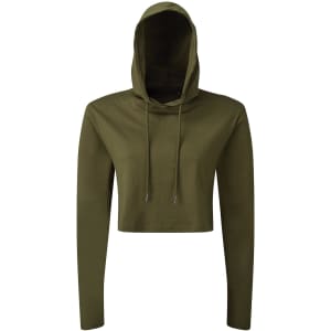 A cropped hooded long sleeve t-shirt in olive green, featuring a drawstring hood and long sleeves.