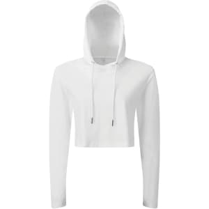 A cropped hooded long sleeve t-shirt in white, featuring a drawstring hood and long sleeves. It has a brand logo.