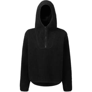 A black Sherpa 1/4-zip hoodie with a hood and long sleeves. It features a front zipper and a relaxed fit.