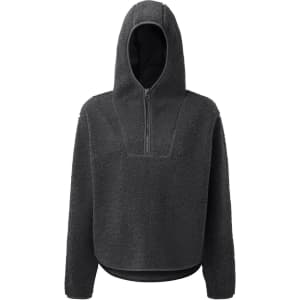 A dark grey Sherpa 1/4-zip hoodie with a hood, featuring a textured fleece design and a front zip.