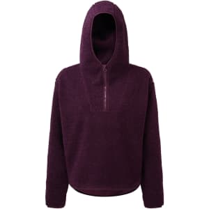 A purple Sherpa 1/4-zip hoodie with a hood and a quarter-length zipper at the front. It has a simple design and a logo.