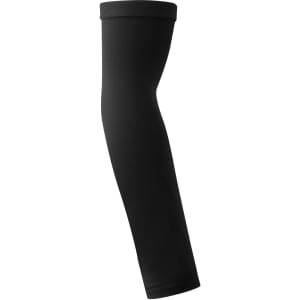 A pair of black compression arm sleeves displayed vertically, featuring a smooth, fitted design.