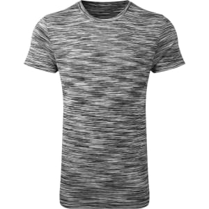 A grey space dye performance t-shirt with short sleeves, featuring a textured striped pattern.