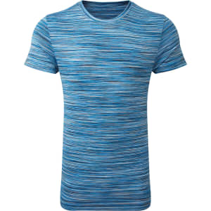 A blue space dye performance T-shirt featuring a striped pattern in varying shades of blue. It has a branding logo.