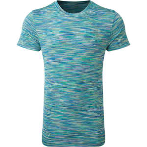 A performance t-shirt featuring a space dye pattern in various shades of blue and green. It has a crew neckline and short sleeves.