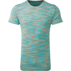 A space dye performance t-shirt in shades of blue and coral with a subtle textured pattern and a logo.