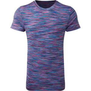 A purple space dye performance T-shirt with a textured pattern of blue, pink, and purple hues. It features a logo.