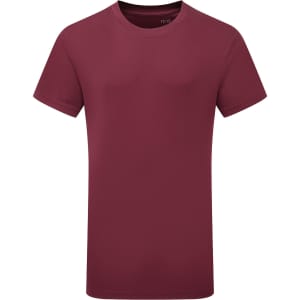 A maroon kids' performance T-shirt with short sleeves and a plain design, featuring a logo on the tag.