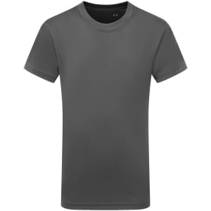A grey kids' performance T-shirt with short sleeves and a round neckline, featuring a logo.
