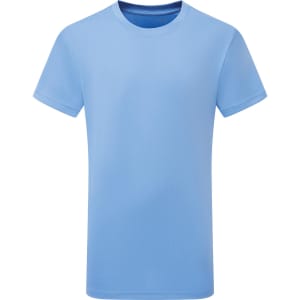 A light blue performance T-shirt featuring a round neckline and short sleeves, with a logo on the side.