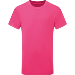 A pink kids' performance T-shirt featuring short sleeves and a round neckline, complete with a logo.