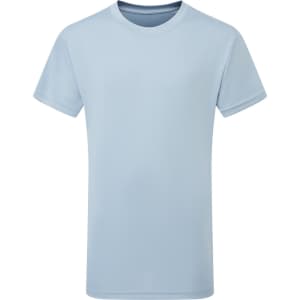 A light blue kids' performance T-shirt with short sleeves and a branding logo.