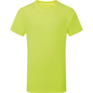 A bright neon yellow kids' performance T-shirt with a crew neck and short sleeves, featuring a logo.