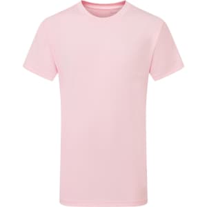 A pink kids' performance T-shirt featuring short sleeves and a blank design. The shirt has a branding logo.