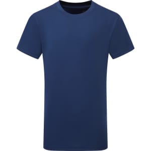 A navy blue kids performance T-shirt with short sleeves and a crew neckline. It features a logo on the design.