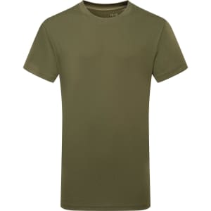 An olive green kids' performance T-shirt with a crew neck and short sleeves. Features a logo on the chest.