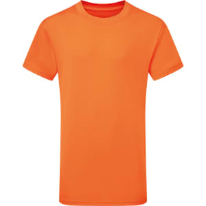 An orange kids' performance t-shirt with short sleeves. The shirt features a logo on the front.