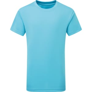 A kids' performance T-shirt in a vibrant sky blue colour, featuring short sleeves and a logo branding.