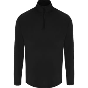 A black long sleeve performance 1/4 zip jacket featuring a sleek design and a high collar. It has a logo on the front.