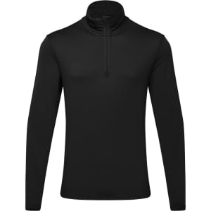 A black long sleeve top with a 1/4 zip collar and a fitted design. It features a logo on the chest area.