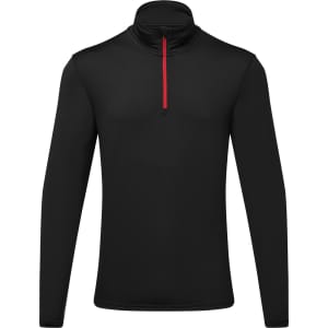 A black long sleeve top with a brushed back finish and a red zip at the collar, featuring a logo.